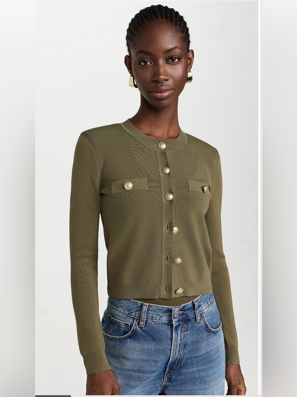 L'AGENCE Toulouse Crewneck Cardigan Pine/Gold - Olive Gold Buttons Size M